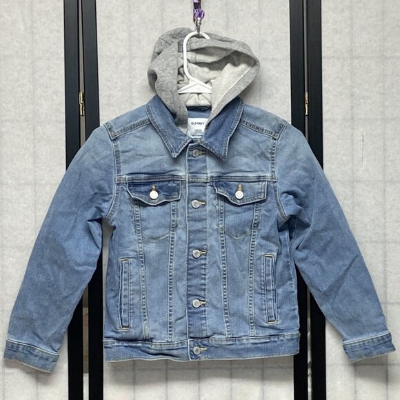 Old Navy Denim Trucker Jacket L Faded Medium Blue Jean Hoodie Button-Up Kids L - Picture 1 of 11